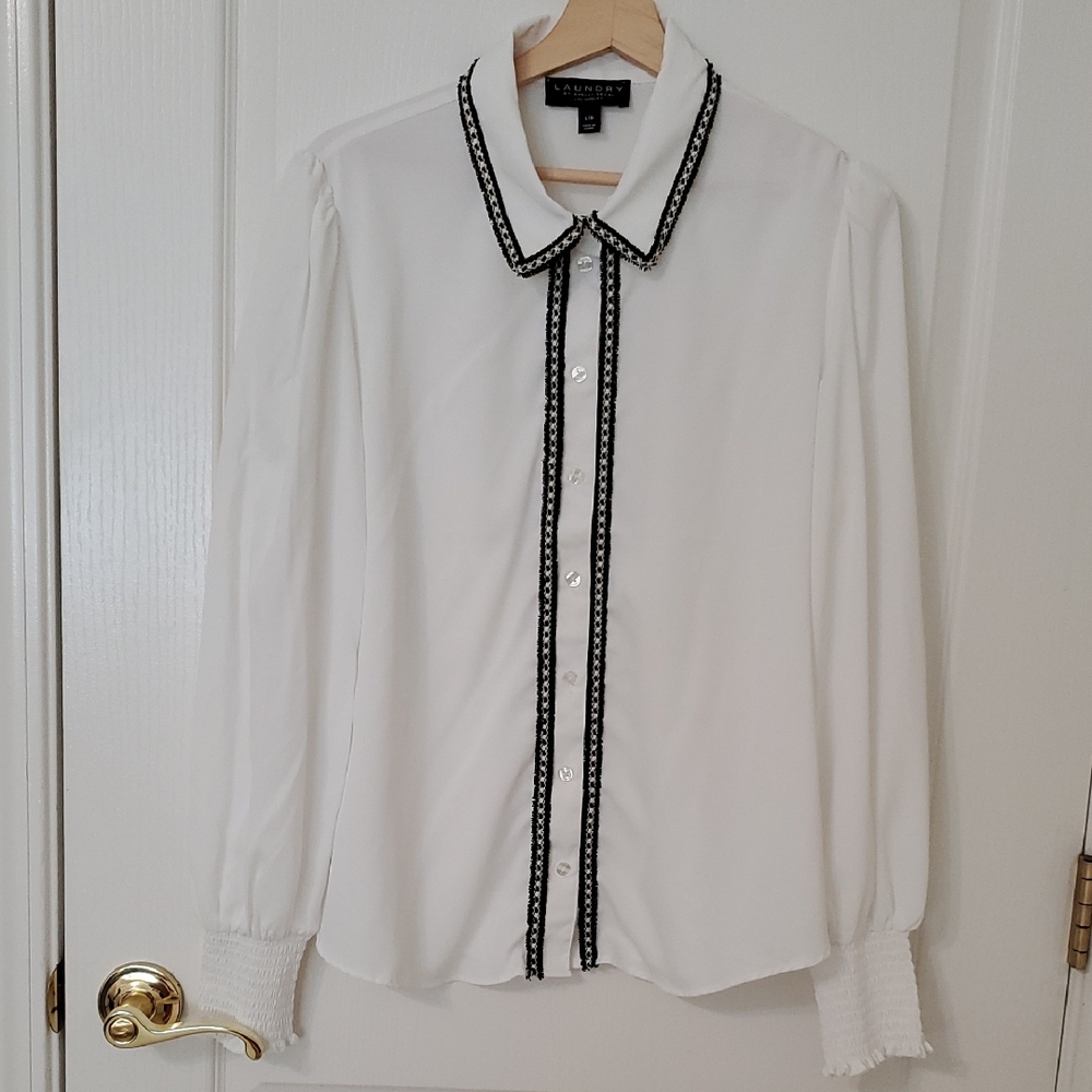 Boucle Trim White Blouse - Laundry By Shelli Segal, NWOT, Large
